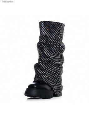 Women's Slouchy Fold Over Platform Combat Boots Rhinestone High Heel